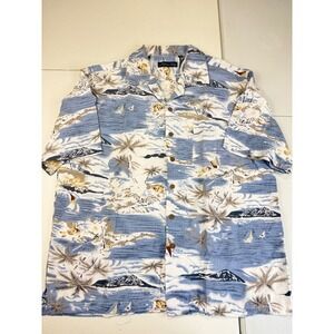 Milano Bay Mens XL Hawaiian Shirt Palm Tree Island Print‎ Blue Casual Button Up